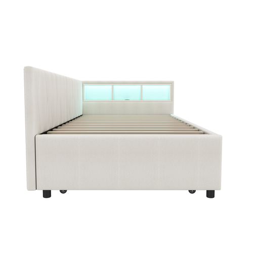 Lit Enfant LED 90x200 Avec Lit Gigogne 90x190 Cm, Ports USB/type-c Et Éclairage, Lin Beige
