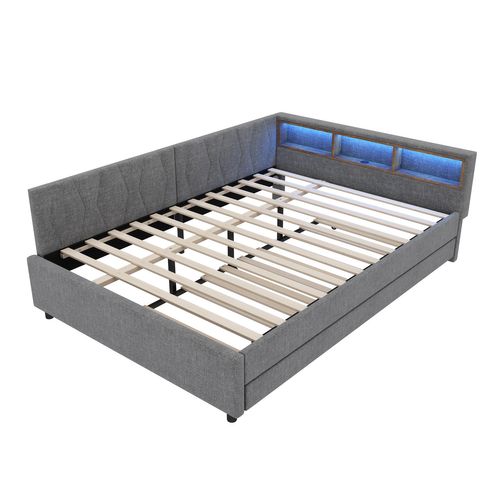 Lit 140x200 Cm Avec Lit Gigogne 90x190 Cm LED, Ports USB/type-c, Lin Gris, Sommier à Lattes