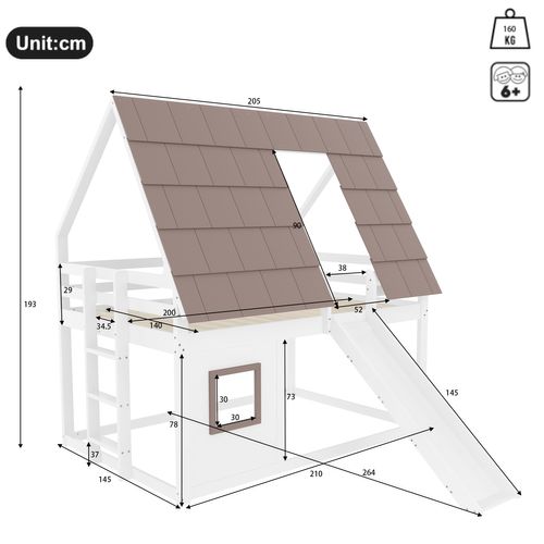 Lit Superposé Cabane 140x200 En Bois De Pin, Avec Toit, Échelle Et Toboggan, Blanc Et Brun