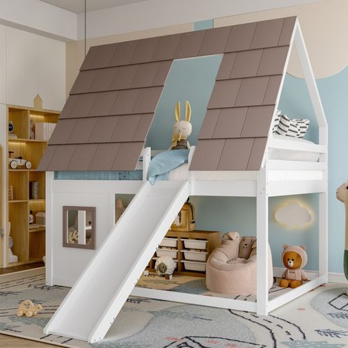 Lit Superposé Cabane 140x200 En Bois De Pin, Avec Toit, Échelle Et Toboggan, Blanc Et Brun