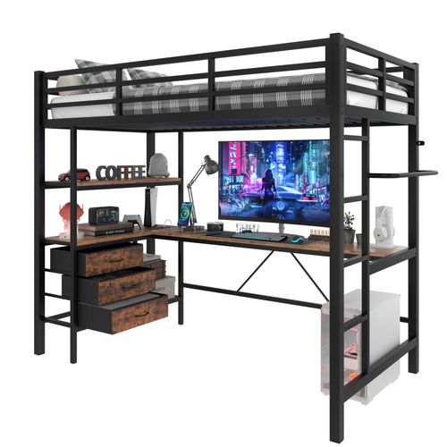 Lit Mezzanine Enfant 90x200 Cm Avec Bureau Intégré, LED, 3 Tiroirs, Prise et USB, Métal Noir
