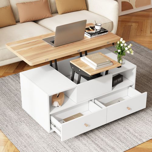 Table Basse Relevable Extensible 100 X 50 X 47,5–62 Cm, Blanc Et Bois, 4 Tiroirs Et Roulettes