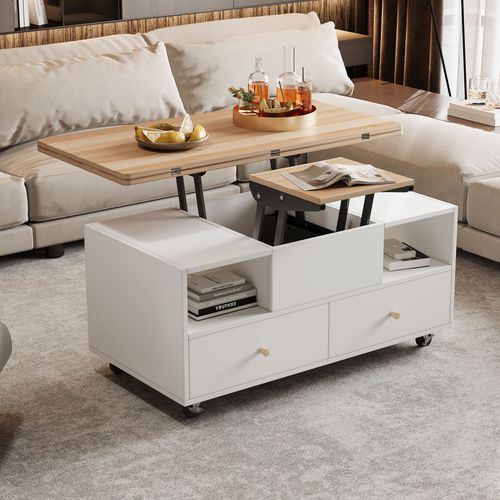Table Basse Relevable Extensible 100 X 50 X 47,5–62 Cm, Blanc Et Bois, 4 Tiroirs Et Roulettes