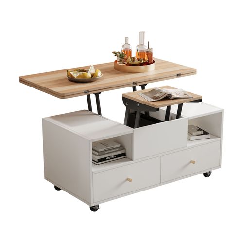 Table Basse Relevable Extensible 100 X 50 X 47,5–62 Cm, Blanc Et Bois, 4 Tiroirs Et Roulettes