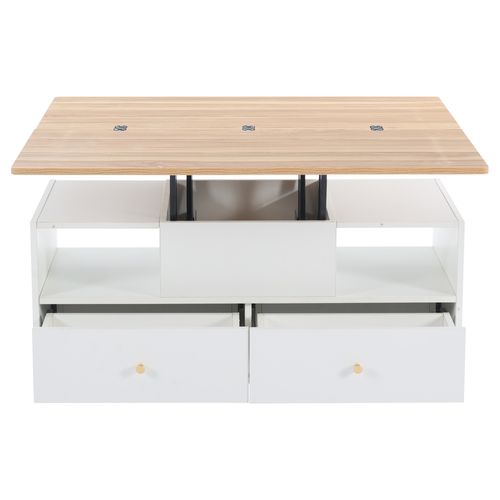 Table Basse Relevable Extensible 100 X 50 X 47,5–62 Cm, Blanc Et Bois, 4 Tiroirs Et Roulettes