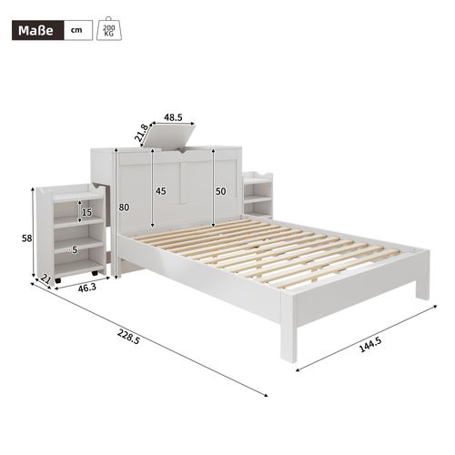 Lit Adulte 140x200 Cm Blanc Avec 2 Chevets Escamotables, Rangements Et Sommier à Lattes