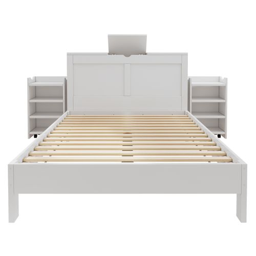 Lit Adulte 140x200 Cm Blanc Avec 2 Chevets Escamotables, Rangements Et Sommier à Lattes