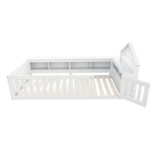 Lit Enfant 90x200 Cm Cabane En Pin Blanc Avec Rangements, Porte Et Barrières, Sommier à Lattes