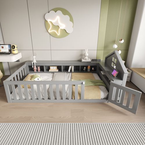 Lit Enfant 90x200 Cm Cabane En Pin Gris Avec Rangements, Porte Et Barrières, Sommier à Lattes