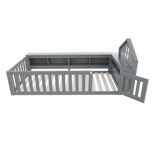 Lit Enfant 90x200 Cm Cabane En Pin Gris Avec Rangements, Porte Et Barrières, Sommier à Lattes