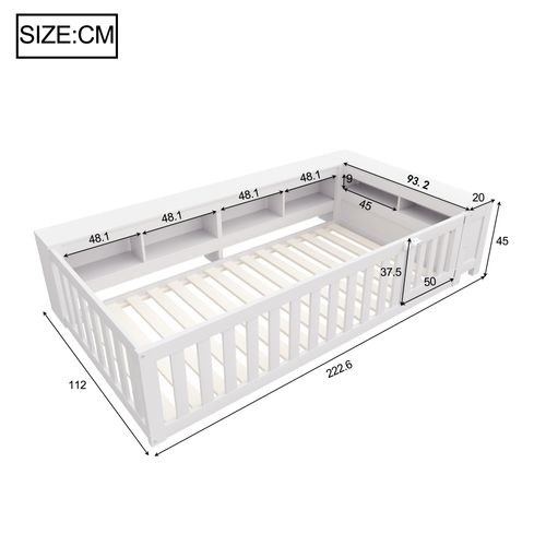 Lit Enfant 90x200 Cm, Lit Bas Au Sol Avec Rangements, Portes De Sécurité, Pin Blanc