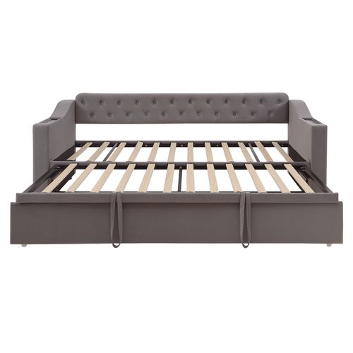 Lit Enfant Gigogne 90x190 Cm Extensible 180x190 Cm Velours Gris Foncé Avec Sommier à Lattes