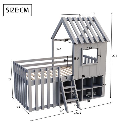 Lit Enfant Cabane 90x200 Cm Mi-haut Avec Rangements Et Espace Sou Lit, Bois De Pin Solide, Gris