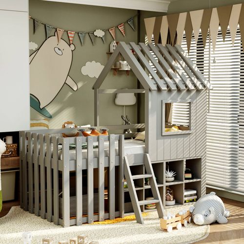 Lit Enfant Cabane 90x200 Cm Mi-haut Avec Rangements Et Espace Sou Lit, Bois De Pin Solide, Gris