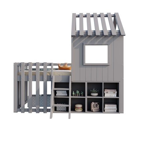 Lit Enfant Cabane 90x200 Cm Mi-haut Avec Rangements Et Espace Sou Lit, Bois De Pin Solide, Gris