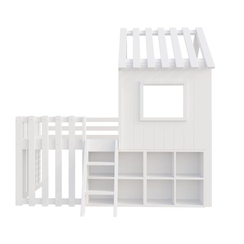 Lit Enfant Cabane 90x200 Cm Mi-haut Avec Rangements Et Bois De Pin Solide, Blanc