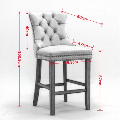 Lot De 2 Tabourets De Bar Velours Gris, Dossier Haut, Pieds En Bois, Clous Chromés