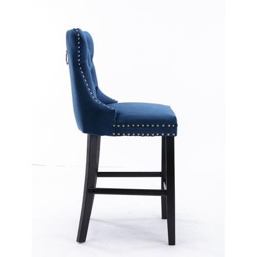 Lot De 2 Tabourets De Bar En Velours Bleu, Pieds En Bois, Clous Chromés