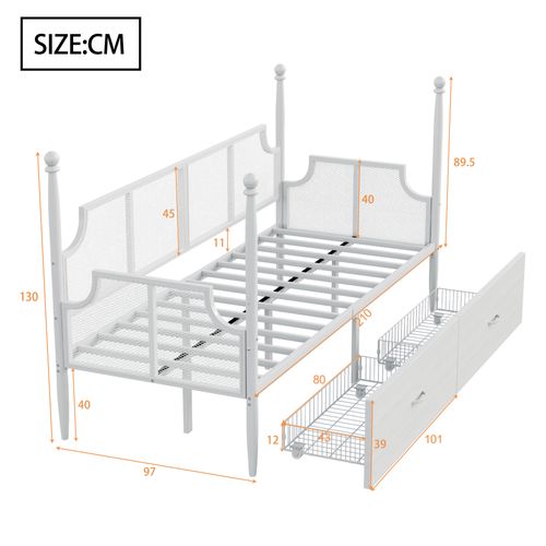 Lit Banquette En Métal 90x200 Cm Blanc Avec 2 Tiroirs De Rangement Style Vintage Et Sommier à Lattes