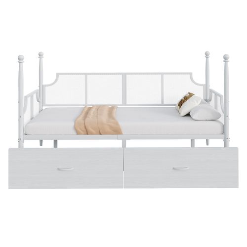 Lit Banquette En Métal 90x200 Cm Blanc Avec 2 Tiroirs De Rangement Style Vintage Et Sommier à Lattes