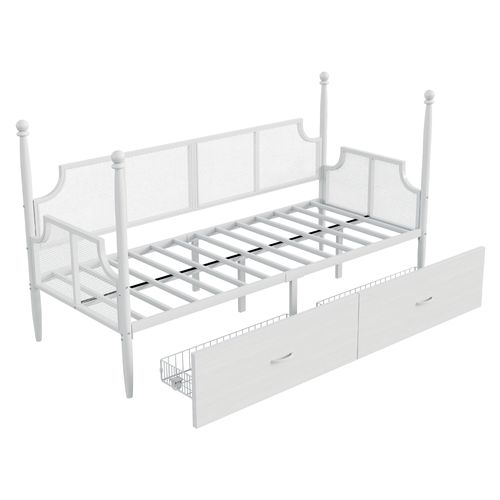 Lit Banquette En Métal 90x200 Cm Blanc Avec 2 Tiroirs De Rangement Style Vintage Et Sommier à Lattes