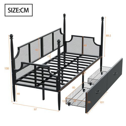 Lit Banquette En Métal 90x200 Cm Avec 2 Tiroirs De Rangement Style Vintage, Noir