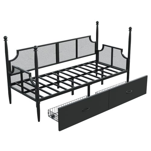 Lit Banquette En Métal 90x200 Cm Avec 2 Tiroirs De Rangement Style Vintage, Noir