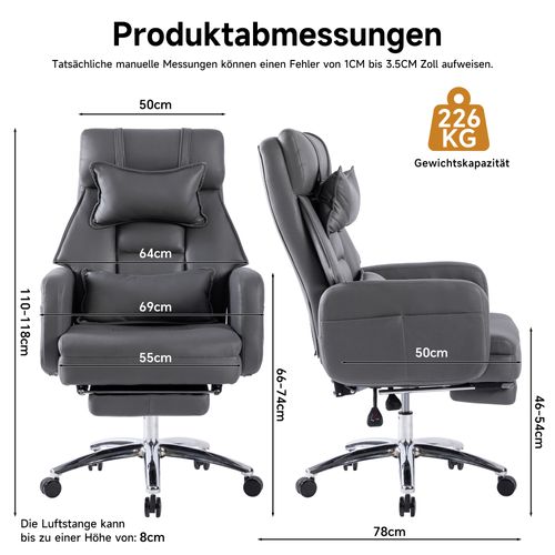 Fauteuil De Bureau Ergonomique Pivotant Inclinable 155°, Repose-pieds, Cuir Technologique Gris Foncé