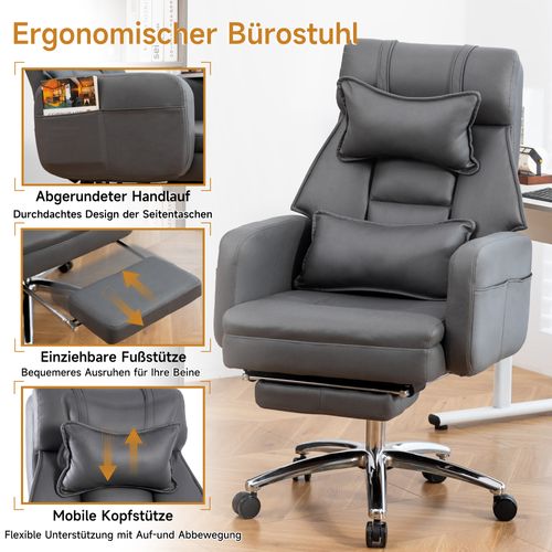 Fauteuil De Bureau Ergonomique Pivotant Inclinable 155°, Repose-pieds, Cuir Technologique Gris Foncé