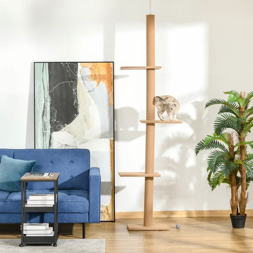 Arbre à Chat Réglable Bois Marron H. 228-260 Cm, 3 Plateformes, Surfaces à Griffer, Qualité E1