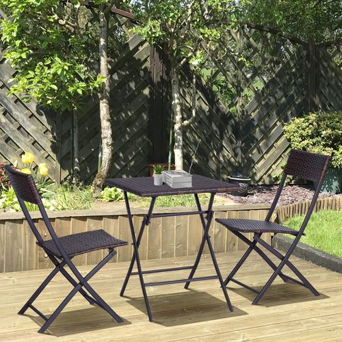 Set Table Carrée + 2 Chaises Pliantes 3 Pièces Pour Balcon, Jardin, Terrasse Métal Et Rotin Marron