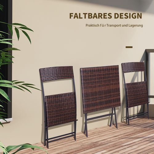 Set Table Carrée + 2 Chaises Pliantes 3 Pièces Pour Balcon, Jardin, Terrasse Métal Et Rotin Marron