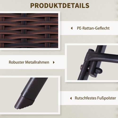 Set Table Carrée + 2 Chaises Pliantes 3 Pièces Pour Balcon, Jardin, Terrasse Métal Et Rotin Marron