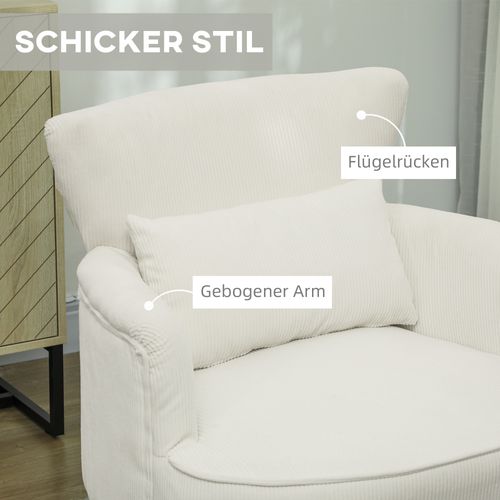 Fauteuil Blanc Crème Avec Coussin Lombaire Et Pieds En Bois D'hévéa, Velours Côtelé