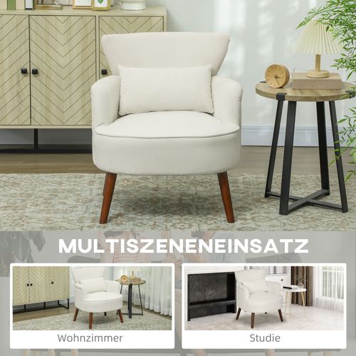 Fauteuil Blanc Crème Avec Coussin Lombaire Et Pieds En Bois D'hévéa, Velours Côtelé