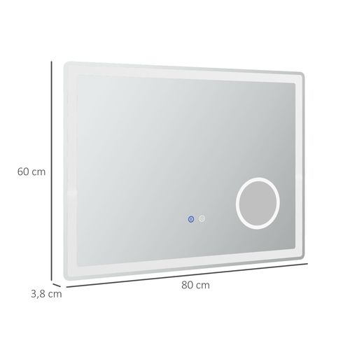 Miroir LED 80x60 Cm 3x Grossissement, Commande Tactile, 3 Couleurs, Anti-buée, Métal Blanc
