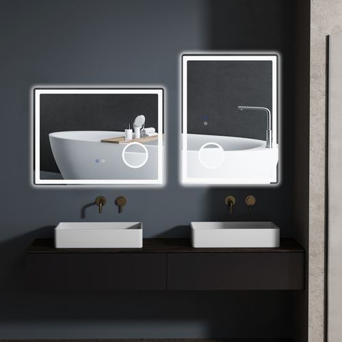 Miroir LED 80x60 Cm 3x Grossissement, Commande Tactile, 3 Couleurs, Anti-buée, Métal Blanc