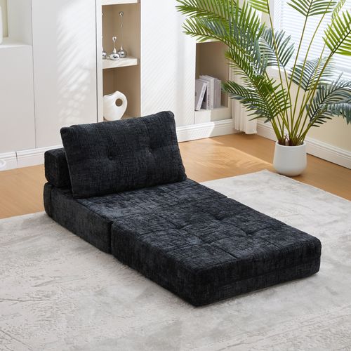 Fauteuil Convertible En Chenille Noir Avec Coussins, Salon Et Chambre
