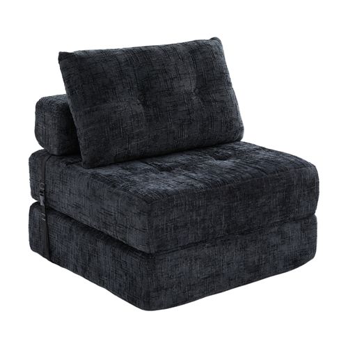 Fauteuil Convertible En Chenille Noir Avec Coussins, Salon Et Chambre