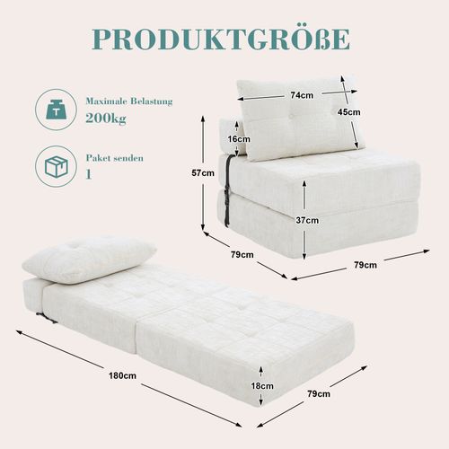 Fauteuil Convertible Pliable En Tissu Chenille Beige Avec Coussins, Salon Et Chambre