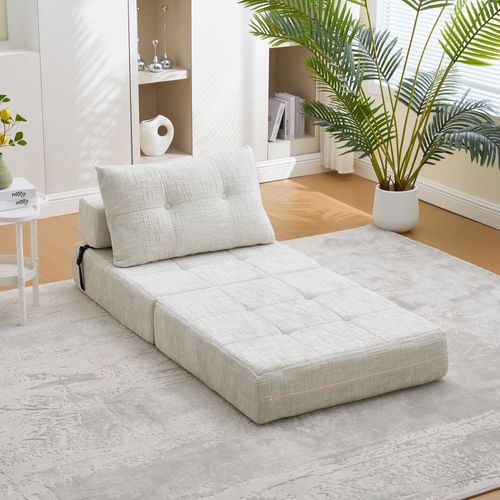 Fauteuil Convertible Pliable En Tissu Chenille Beige Avec Coussins, Salon Et Chambre