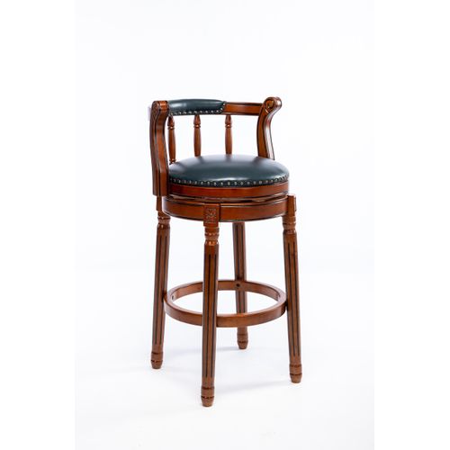 Tabouret De Bar Pivotant En Cuir Véritable Bleu, Dossier Incurvé, Bois Fini Ivoire, Assise 66cm