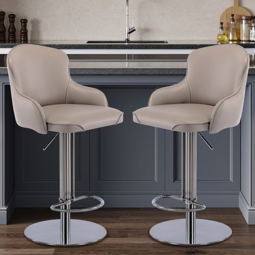 Tabouret De Bar Pivotant Réglable 58–83 Cm, Siège Cuir Nappa Gris, Base Acier Inoxydable