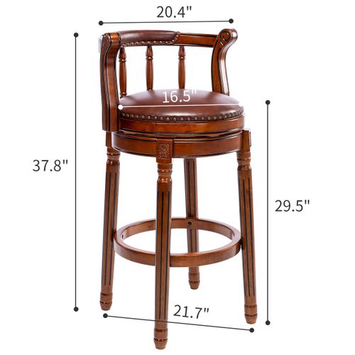 Tabouret De Bar Pivotant En Cuir Véritable Et Bois Brun, Assise Marron 75 Cm, Style Vintage