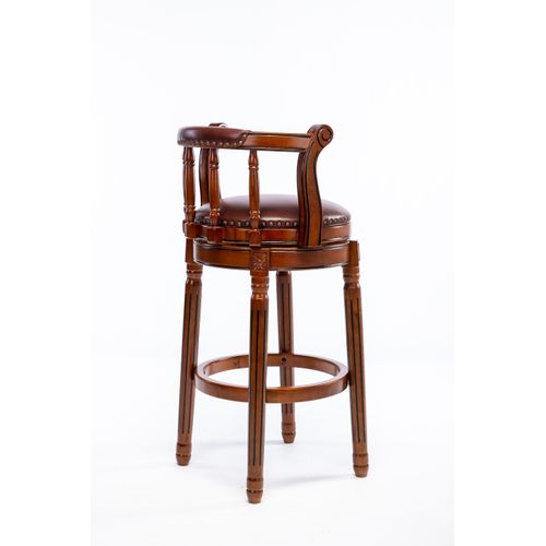 Tabouret De Bar Pivotant En Cuir Véritable Et Bois Brun, Assise Marron 75 Cm, Style Vintage
