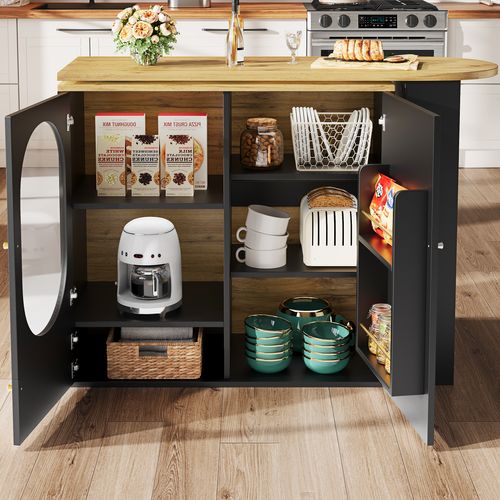 Table De Bar Pivotante Noire 360° 138x39x105 Cm Avec 3 Portes Et Rangements, Finition Effet Bois