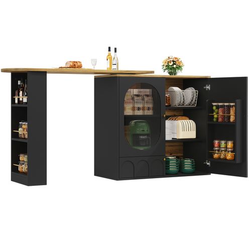 Table De Bar Pivotante Noire 360° 138x39x105 Cm Avec 3 Portes Et Rangements, Finition Effet Bois
