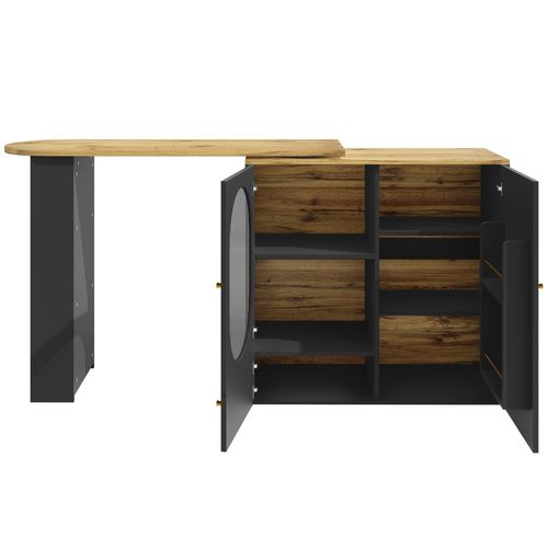 Table De Bar Pivotante Noire 360° 138x39x105 Cm Avec 3 Portes Et Rangements, Finition Effet Bois