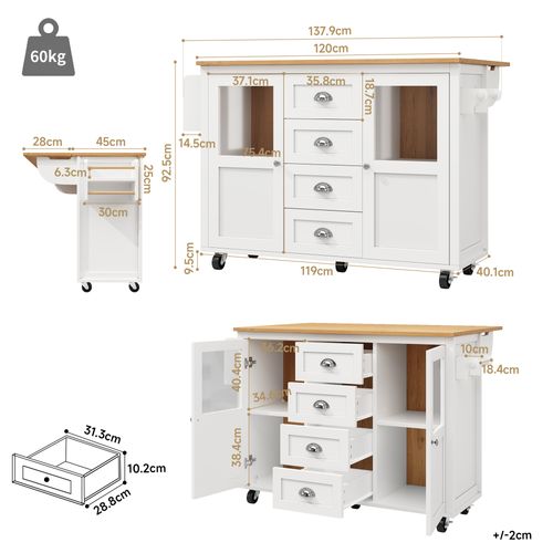 Desserte, Îlot De Cuisine 137,9x73x92,5 Cm Blanc Métal Avec 4 Tiroirs, 2 Portes, Plateau Rabattable