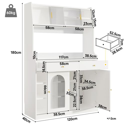 Buffet De Cuisine Haut.180 Cm Blanc LED Avec 2 Tiroirs Et Étagères Réglables, Portes Vitrées